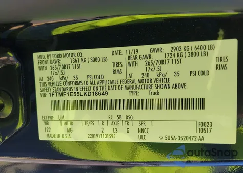 2020 Ford F-150 Xlt z USA, uszkodzony, nr VIN 1FTMF1E55LKD18649